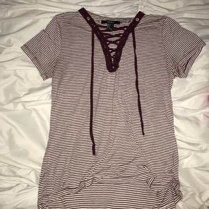 Maroon striped lace up t-shirt